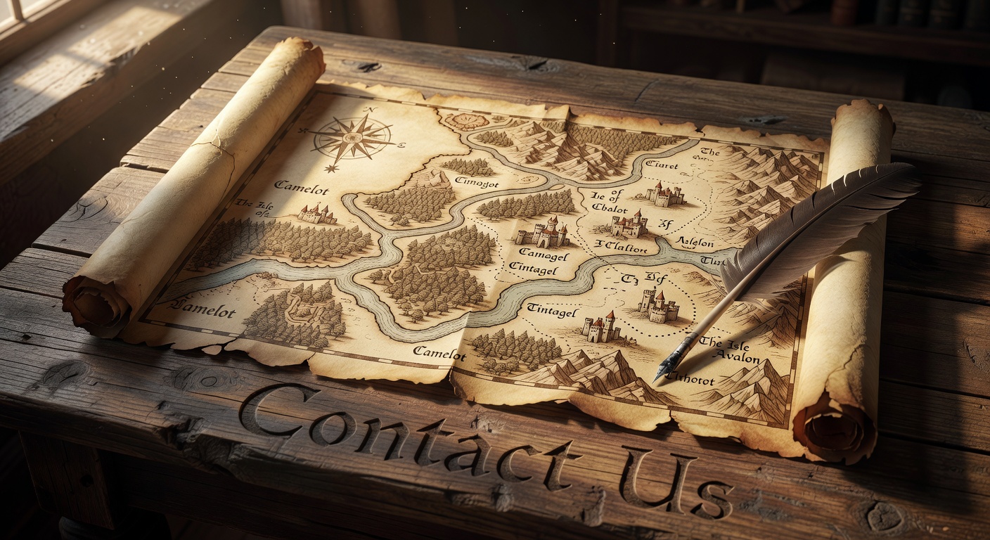 Ancient parchment scroll with Arthurian map and quill on wooden table