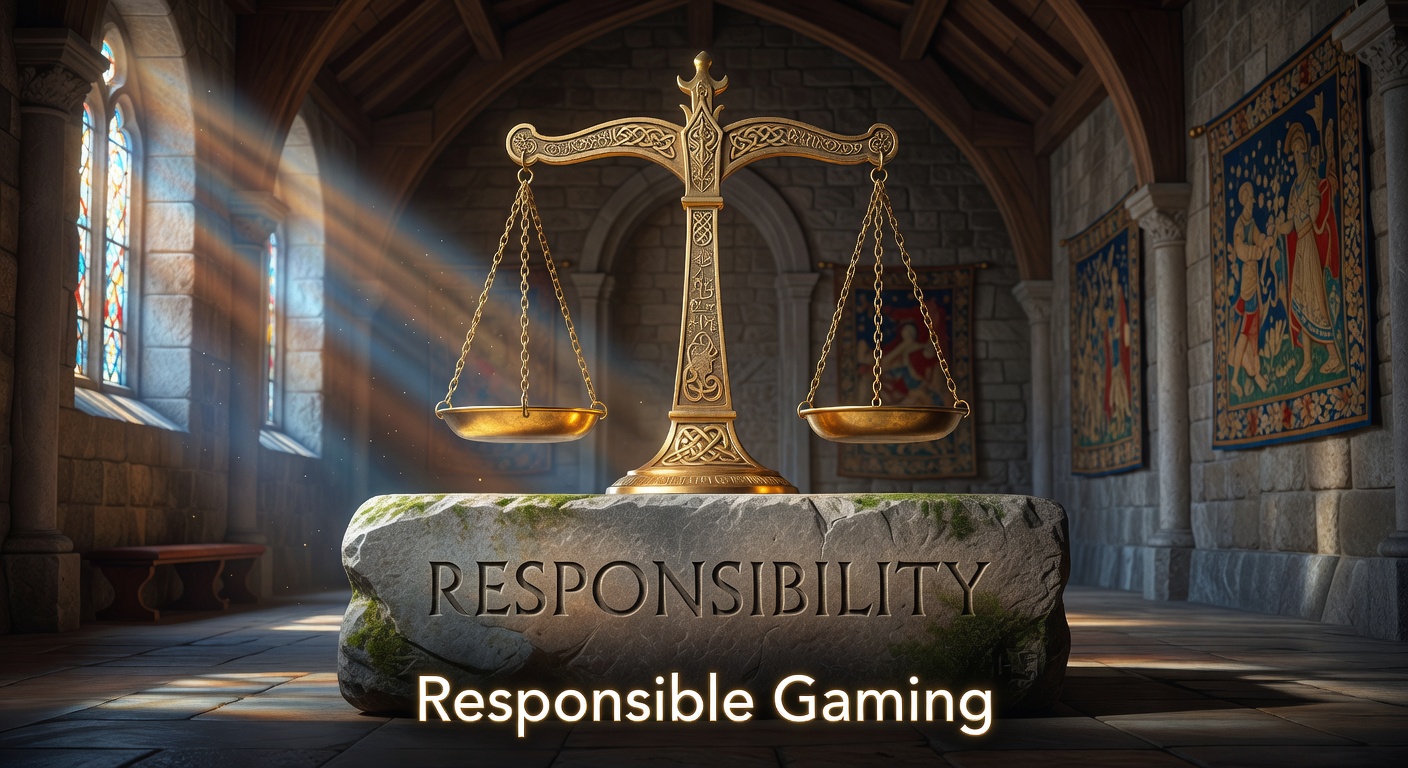 Arthurian golden scales of balance on a stone pedestal symbolizing responsibility