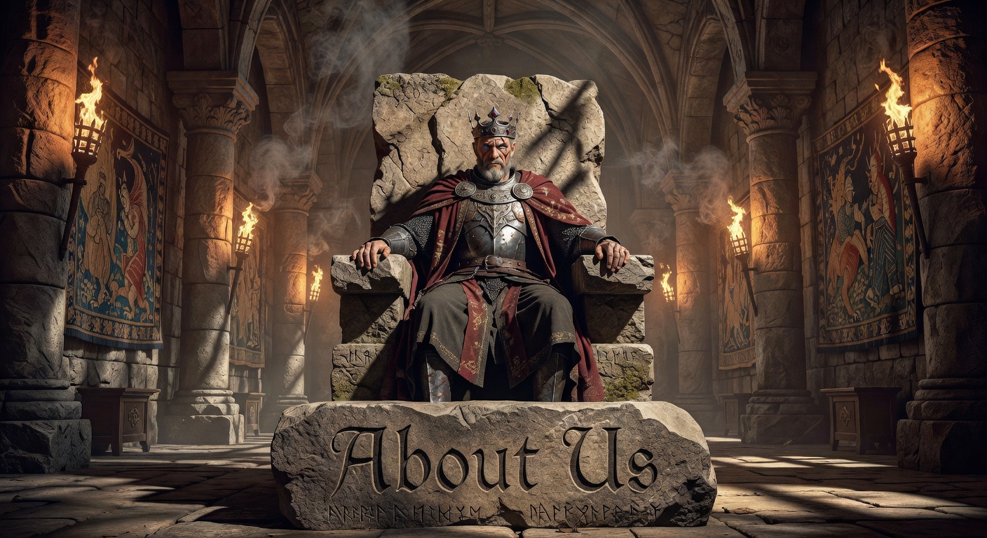 Arthurian king on a stone throne in a grand hall with torches