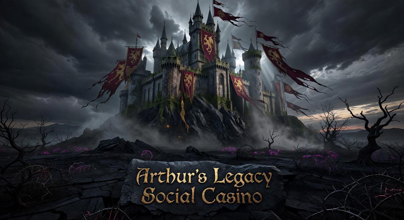 Majestic Arthurian castle with towers and banners in a dark fantasy landscape