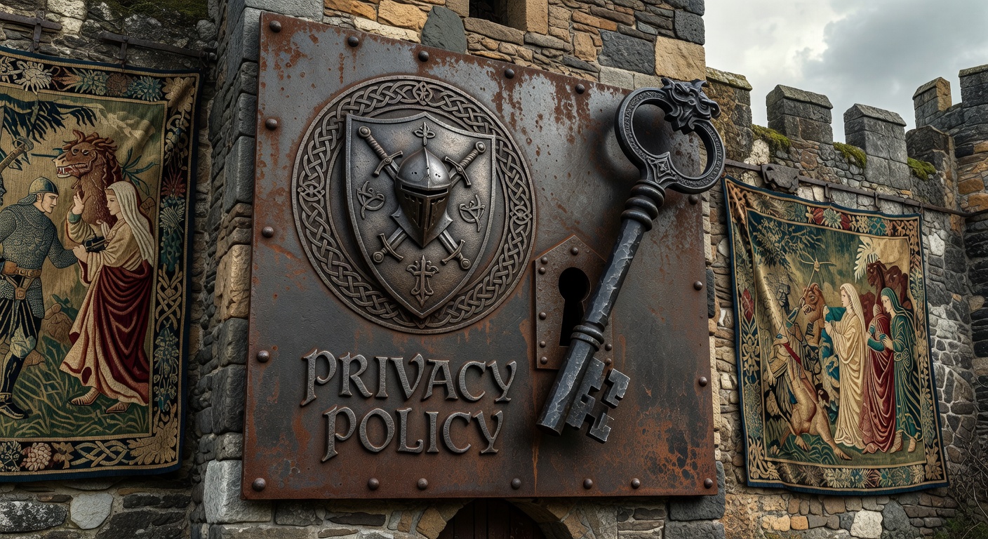 Medieval lock and key with shield symbolizing privacy in Arthurian style